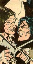 Le Loup (left) in duel with Kane (right) (Art by Chaykin)